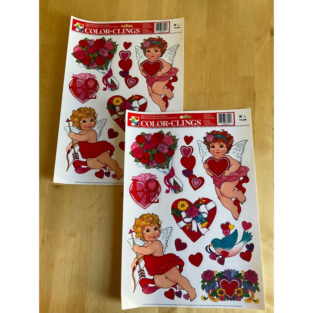 Vintage Paper Magic Group Valentines Day Color Clings Cherub Heart Window Decals